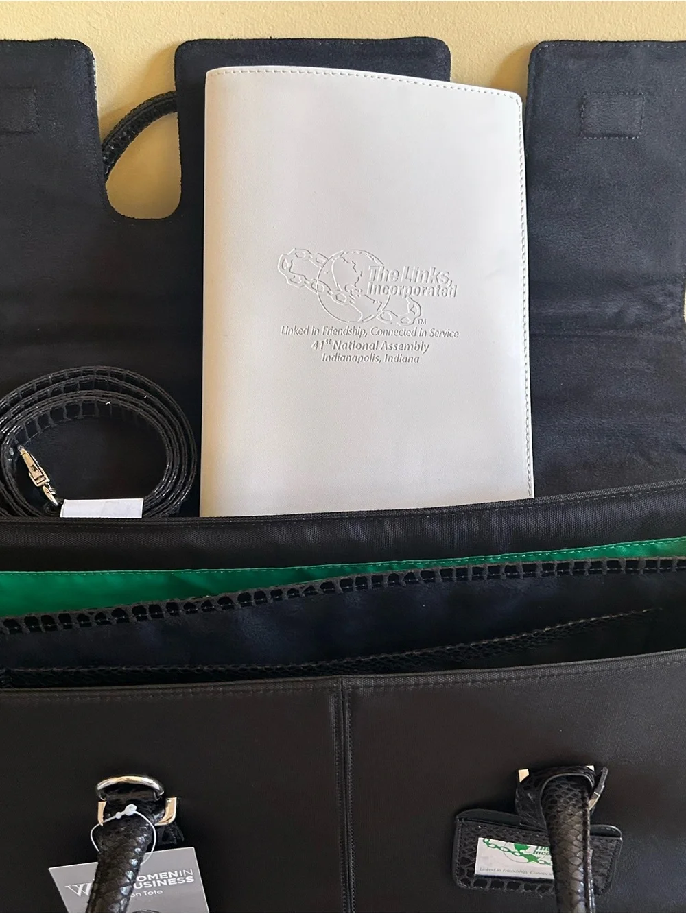 Men's Black Tote Bag with Green Lining